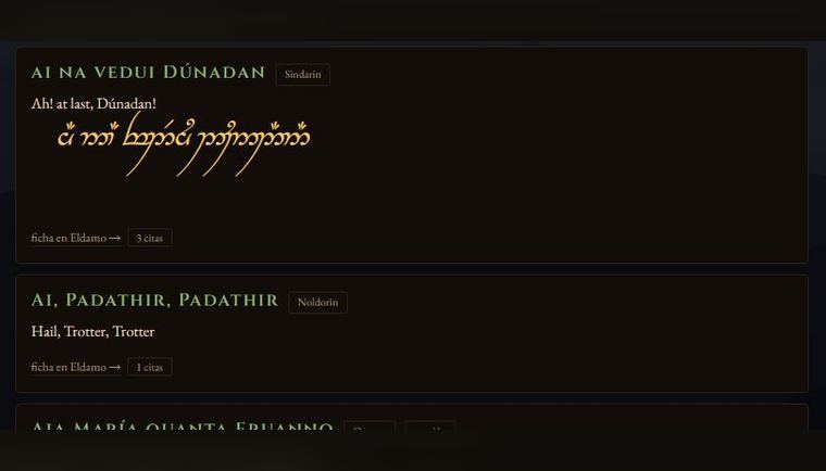 Listado de frases élficas atestiguadas en Essecilmë, con su transcripción a tengwar