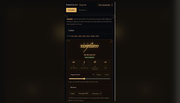 Essecilmë en móvil, con un nombre ya transcrito a tengwar