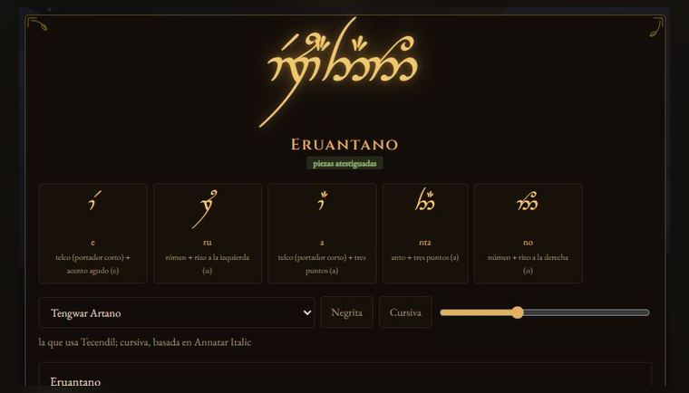 Un nombre transcrito a tengwar en Essecilmë, con el desglose de cada pieza debajo