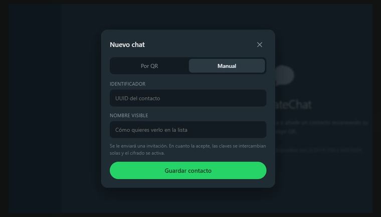 Diálogo de alta de contacto de Private Chat, por QR o por identificador