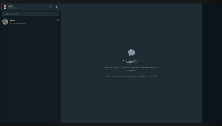 Pantalla inicial de Private Chat, con el aviso de cifrado de extremo a extremo
