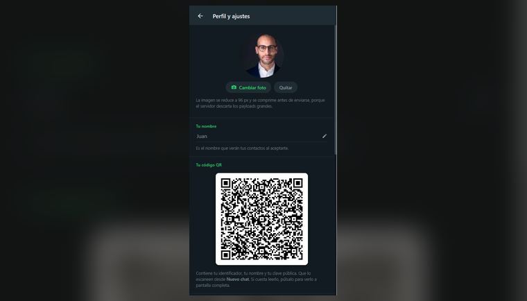 El perfil y el código QR de Private Chat en la app Android