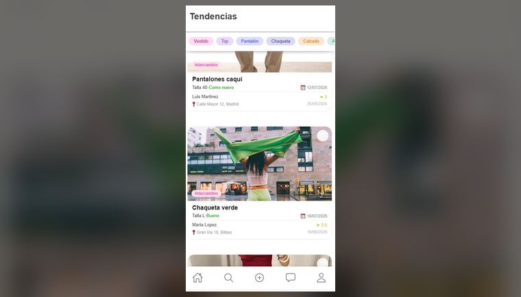 El catálogo de Swap Closet en la app Android