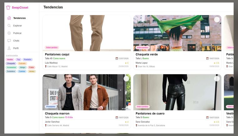 Catálogo de prendas de Swap Closet, con tarjetas de anuncios y filtros por categoría