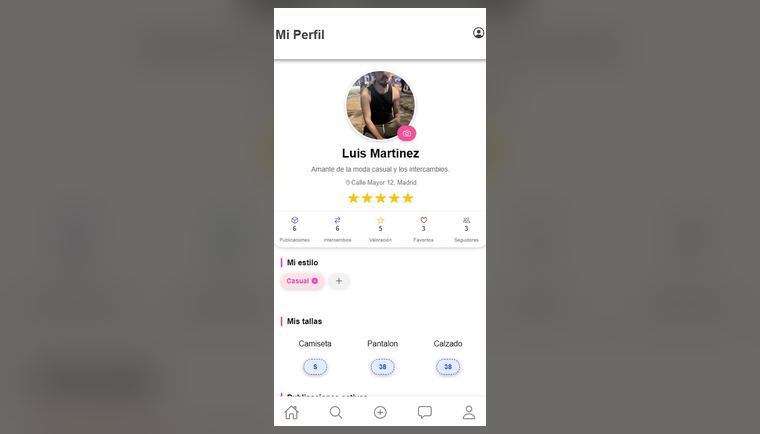 Perfil de usuario de Swap Closet en la app Android, con valoración, intercambios y tallas