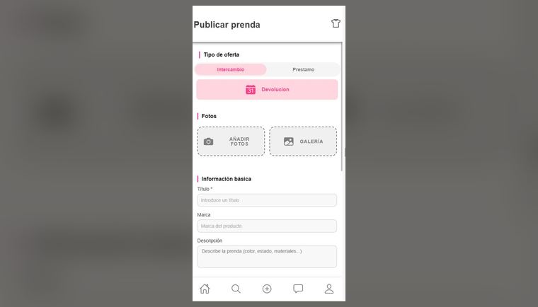 El formulario de publicación de Swap Closet en la app Android