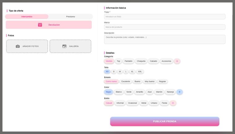 Formulario de publicación de Swap Closet, con tipo de oferta, categoría, talla, estado, color y estilo